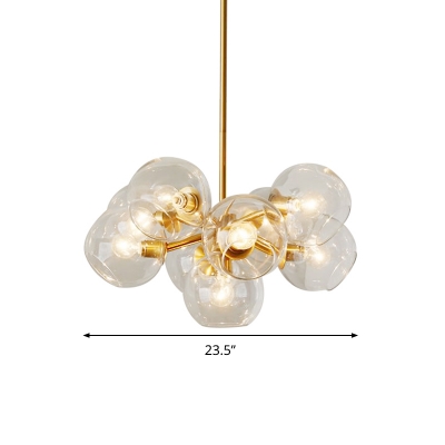 Brass Bubble Hanging Lighting Modernism 9-Light Clear Glass Chandelier over Dining Table