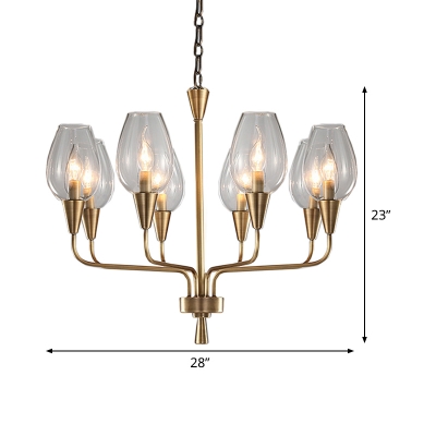Brass Cup-Shape Ceiling Chandelier Modern 8 Heads Clear Glass Hanging Pendant Light with Radial Curved Arm