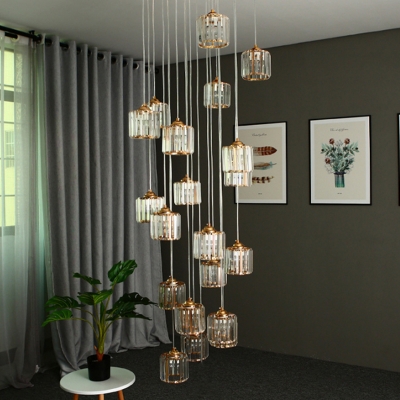 Clear Crystal Drum Cluster Pendant Simple 15 Heads Amber Suspension Light for Living Room