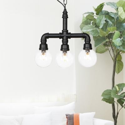 Clear Glass Black LED Chandelier Lighting Global 3/4-Light Farmhouse Suspended Pendant Lamp with Pipe Arm