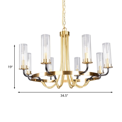 Clear Glass Cylinder Ceiling Chandelier Minimalist 8 Lights Gold Finish Hanging Pendant Lamp with Curved Arm