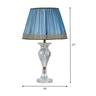 Conical Fabric Table Light Modern 1 Bulb Blue Small Desk Lamp with Clear Crystal Base