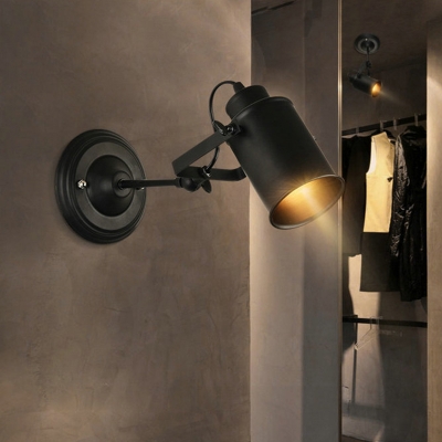Cylinder Metal Wall Mount Sconce Industrial 1 Bulb Corner Wall Lighting in Black with Adjustable Handle