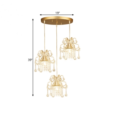 Flared Semi Flush Mount Light Transitional Metallic 3 Heads Golden Cluster Pendant with Crystal Droplets for Dining Room