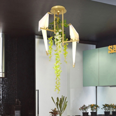 Geometric Restaurant Ceiling Lamp Industrial Metal LED Gold Semi Flush Mount Lighting with Plant Decor