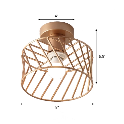 Gold Finish Drum Cage Flush Lamp Fixture Modern 1-Head Iron Semi Flush Mount Lighting for Corridor