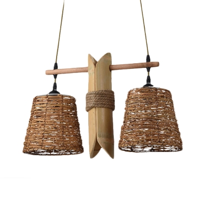 Industrial Barrel Pendant Chandelier 2 Bulbs Rope Hanging Ceiling Light in Beige with Hand Woven Design