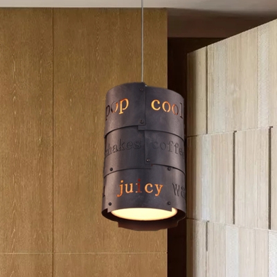 Iron Panel Cylindrical Pendant Antiqued 1 Head Bar Hanging Ceiling Light in Black with Lettering Design