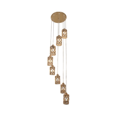 K9 Crystal Cylinder Cluster Pendant Simple 8 Heads Gold Suspension Light for Stair