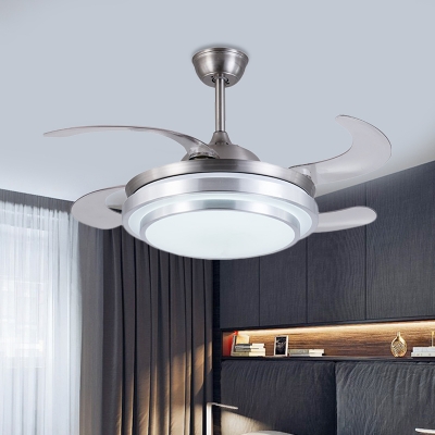 LED Cascaded Semi Flush Lighting Modern Silver Metal 4 Blades Hanging Fan Lamp with Wall/Remote Control, 36