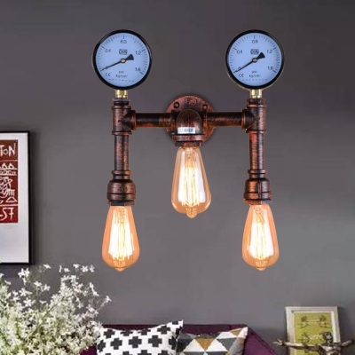 Metal Bare Bulb Wall Mount Sconce Farmhouse 3-Head Balcony Wall Light Fixture in Copper with Double Gauge