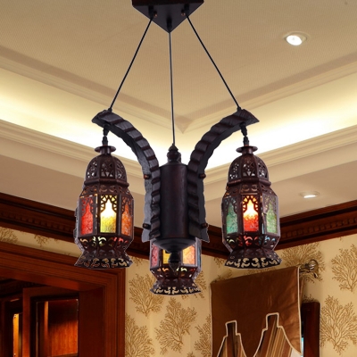 Metal Black Chandelier Lighting Fixture Lantern 3 Bulbs Vintage Hanging Pendant for Living Room