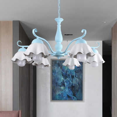 Metal Scalloped Chandelier Light Fixture Traditional 6 Lights Restaurant Ceiling Pendant in Black/White/Blue