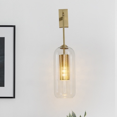 Minimalist Capsule Sconce Light Fixture Clear Glass 1-Light Bedside Wall-Mount Lamp in Gold
