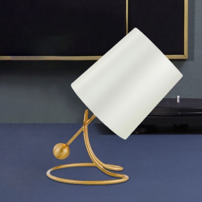 Modern Barrel Table Light Fabric 1 Bulb Reading Lamp in White with Gold Curved Metal Base