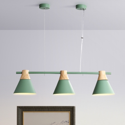 Nordic Style Cone Cluster Pendant Light Metallic 3-Light Dining Room Linear Suspension Lamp in Yellow/Blue/Green