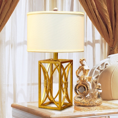 Rectangular Desk Lamp Modern Metal 1 Bulb Gold Table Light with White Drum Fabric Shade