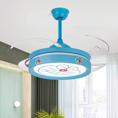 Round Metal Semi Flush Mount Fixture Kids Blue Finish 4 Blades LED Ceiling Fan Lamp for Bedroom, 47
