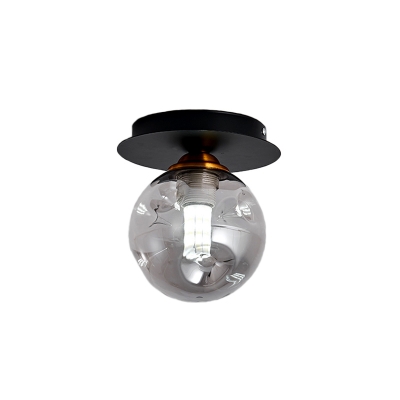 Simple 1-Head Semi Flushmount with Clear Dimpled Glass Shade Black Globe Flush Mount Light Fixture