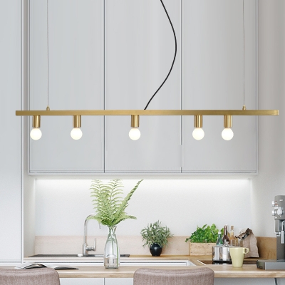 Simple Linear Metal Chandelier 5 Heads Hanging Ceiling Light in Brass for Kitchen Island
