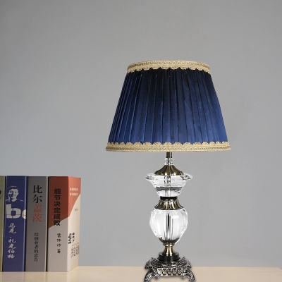 Tapered Drum Crystal Table Light Contemporary Fabric 1 Head Small Desk Lamp in Blue