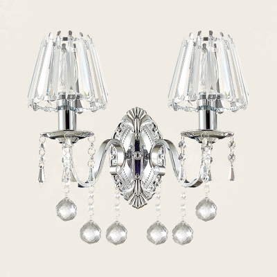 Tapered Shade Study Room Wall Sconce with Crystal Ball Metal 1/2 Lights Elegant Style Sconce Light in Chrome
