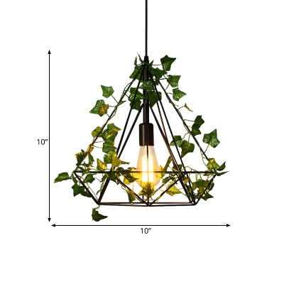 Vintage Diamond Plant Suspension Lamp 1 Head Metal LED Pendant Light in Black for Restaurant, 10