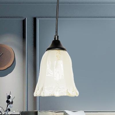 White Glass Floral Ceiling Light Contemporary 1-Head Black Pendant Lamp Fixture for Living Room
