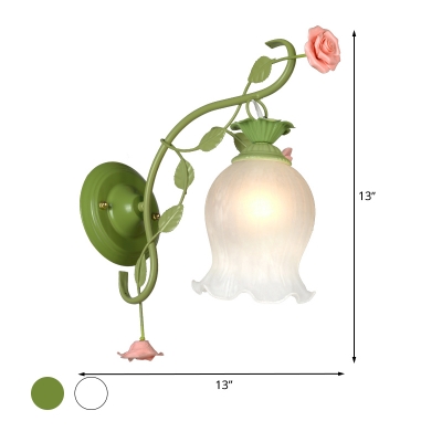 White/Green 1 Light Wall Lamp Traditionalist Metal Bloom Wall Mount Light with White Glass Shade for Bedroom