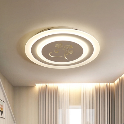 White Round Flushmount Lighting Modern LED Acrylic Flush Mounted Lamp with Rose Pattern
