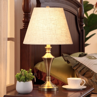 Wide Flare Nightstand Lamp Contemporary Fabric 1 Head Reading Book Light in Flaxen