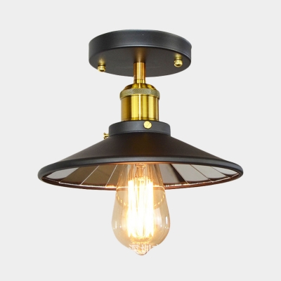 1 Bulb Flush Mount Light Vintage Bedroom Semi Flush Ceiling Lamp with Flared Iron Shade in Black