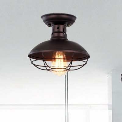 1-Bulb Flushmount Industrial Bowl Metallic Flush Mounted Light in Bronze/Coffee with Cage