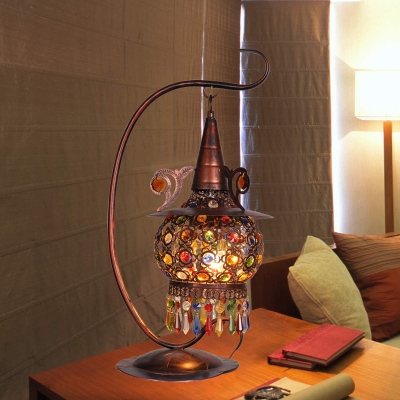 1 Bulb Lantern Task Light Art Deco Metal Night Table Lamp in Rust with Curved Arm