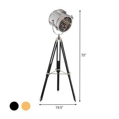 1 Bulb Standing Floor Lighting Industrial Cylinder Metal Spotlight in Black/Wood with Tripod for Living Room