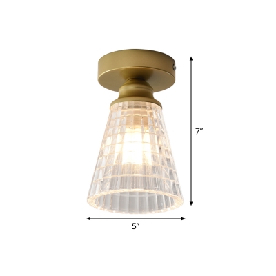 1 Light Corridor Flush Mount Light Modern Brass Flush Ceiling Lamp with Cone Clear Lattice Glass Shade
