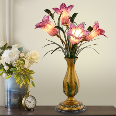 4 Bulbs Lily Table Lighting Pastoral Purple/White Metal LED Nightstand Lamp for Living Room