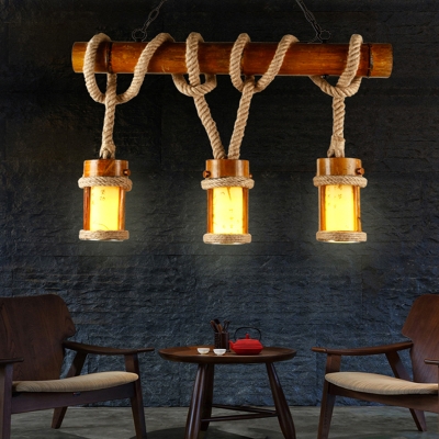 Bamboo Wood Pendant Light Fixture Tubular 3 Heads Farmhouse Island Lamp with Rope Arm