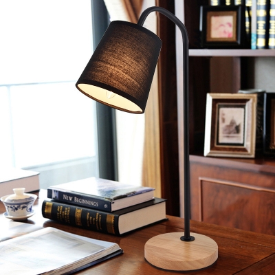 Barrel Task Light Modernist Fabric 1 Bulb Black Desk Lamp with Circular Beige Wood Base