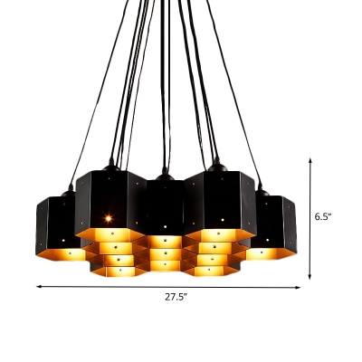 Black 7/10/11 Heads Ceiling Lighting Countryside Iron Hexagon Chandelier Lamp with Honeycomb Design