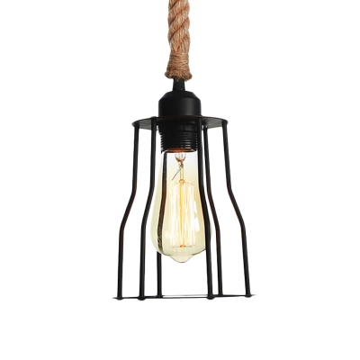Black Caged Pendant Lamp Industrial Metal 1-Head Corridor Suspension Light with Rope Cord