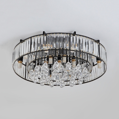 Black Dual-Tier Flush Mount Modern 7/13 Lights Iron Frame Flushmount Ceiling Fixture with Crystal Drops