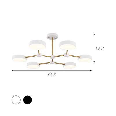 Black/White Drum Ceiling Chandelier Modern 6 Heads Metal LED Hanging Light Fixture with Branch Design