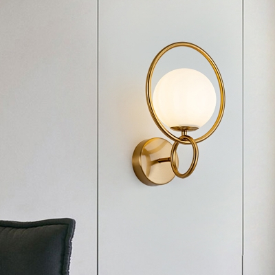 Brass Double Ring Sconce Lighting Contemporary 1-Head Metal Wall Mount Lamp with Orb Milky Glass Shade