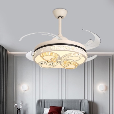 Butterfly Crystal Pendant Fan Lighting Contemporary Living Room 4 Blades LED Semi Flush Mount Lamp in Cream, 42