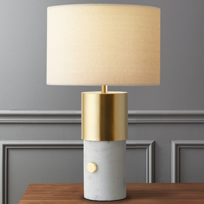 Cylinder Desk Lamp Modernist Fabric 1 Head Table Light in White with Marble Base