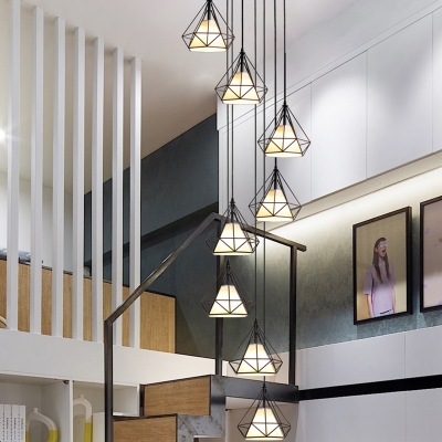 Diamond Stair Ceiling Lamp Metal 8 Bulbs Contemporary Multi Pendant Light Fixture in Black