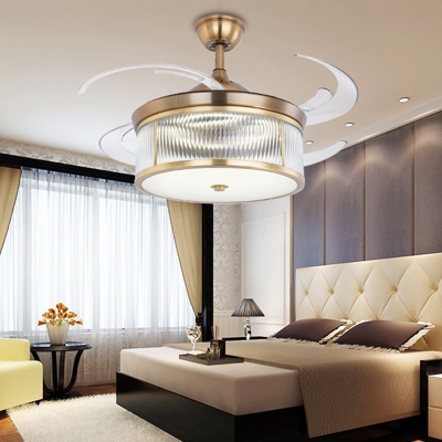 Drum Acrylic Ceiling Fan Light Modern Bedroom 8 Blades LED Semi Flush Lamp in Brass, 48