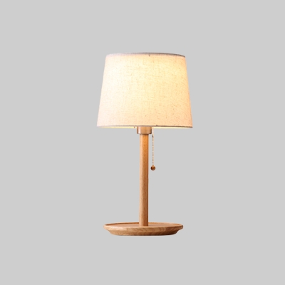 Fabric Barrel Task Light Modernism 1 Bulb Night Table Lamp in Wood/Red Brown with Pull Chain
