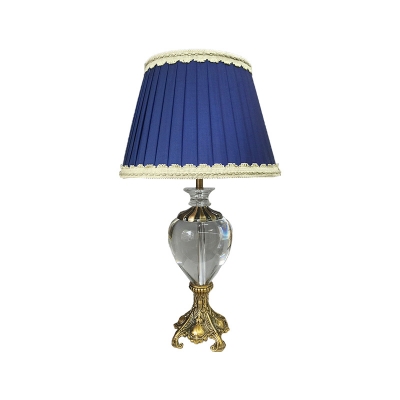 Fabric Cone Task Light Modern 1 Head Blue Nightstand Lamp with Brass Carved Metal Base